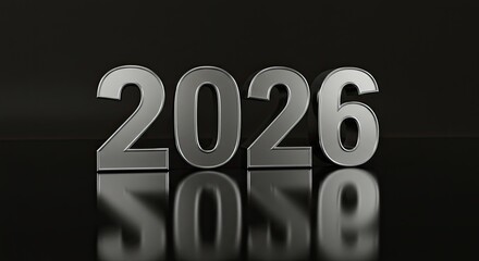Shiny 2026 Metallic Numbers Reflecting on Black Surface, Future Concept.