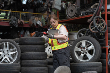 Automotive spare parts warehouse or auto parts warehouse. Female warehouse worker inspected wheel or tire in auto parts warehouse, using digital tablet check inventory in workplace