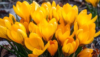 A close-up shot showcases a cluster of vibrant, yellow flowers with subtle striped petals, their delicate structures illuminated