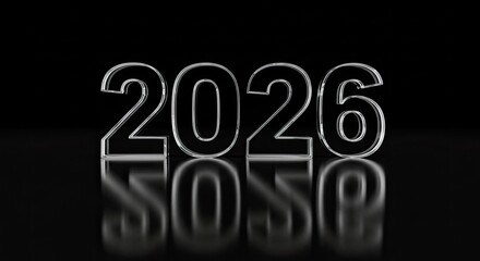 Shiny 2026 Text with Reflection on Black Background, Future Concept.