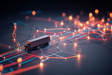 A truck is driving down a road with many lines and dots