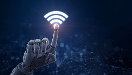 Robotic Hand Touching Glowing White Wi Fi Symbol on Dark Digital Network Background finger pressing