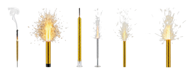Party sparklers set including gold, silver, lit, and burnt elements isolated. Celebration and festive event pyrotechnics.