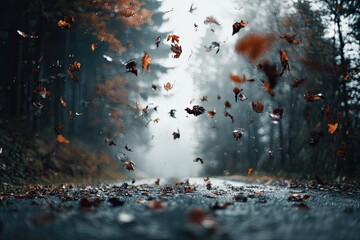 Autumn leaves swirling on a wet road