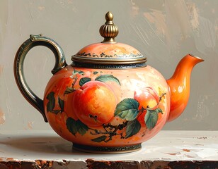 Ornate Peach-Colored Teapot with Floral Design.