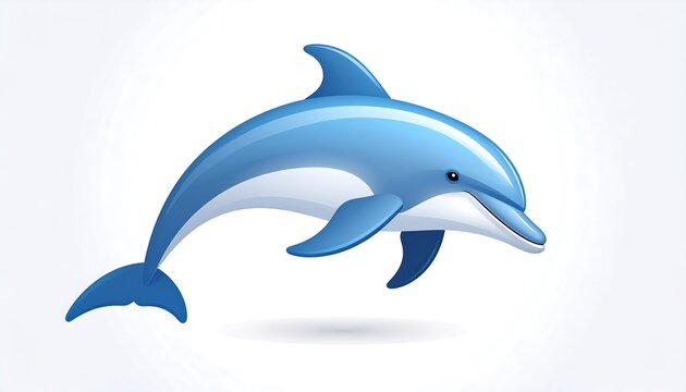 A cartoon dolphin leaps upwards on a white background. The marine mammal is light blue with a white underbelly, smiling and swimming. A dark shadow