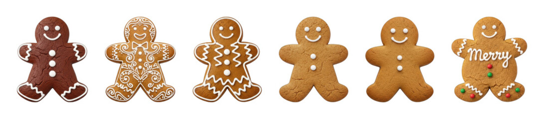 Gingerbread men set including plain, decorated, and dark chocolate cookies isolated. Christmas and holiday baking collection.