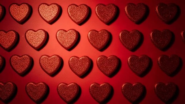Rows of red glittery heart shapes on a red background