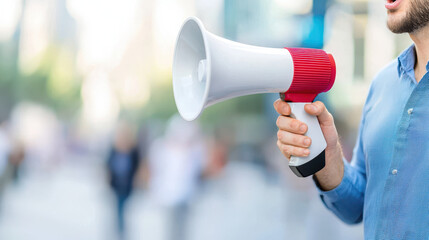 Person holding megaphone in busy urban environment, conveying message with enthusiasm and urgency