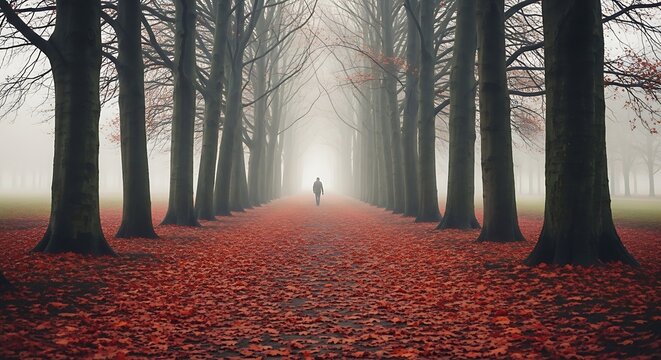 A solitary figure walks down a tree-lined path covered in autumn leaves.