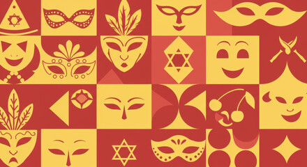 Purim holiday background with carnival masks and festive icons. Jewish celebration pattern with Star of David symbols. Modern flat design illustration