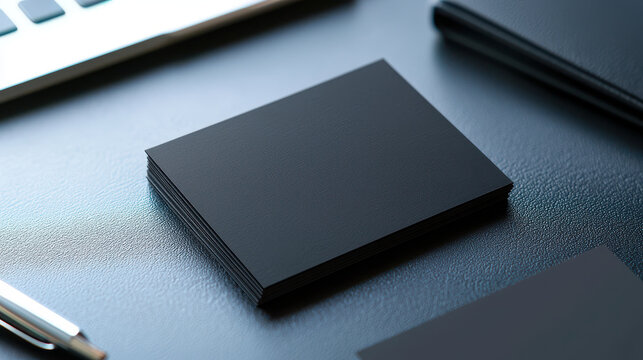 Collection of black business cards on desk with laptop and notebook, conveying professionalism and minimalism