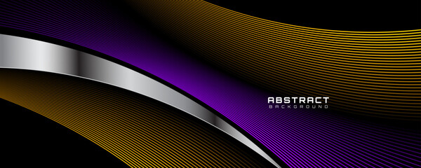 Modern abstract background with purple and yellow curved lines on dark surface, elegant silver wave pattern design for banner, poster, presentation, corporate web header, and digital backdrop