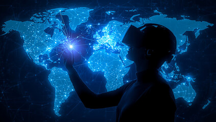 Silhouette of a person wearing aVR headset interacting with a glowing digital world map and network connections