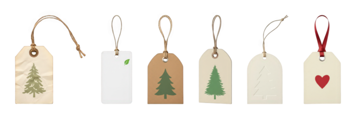 Christmas gift tag set including kraft, cream, and white paper styles with tree, leaf, and heart designs isolated. Holiday season and retail collection.