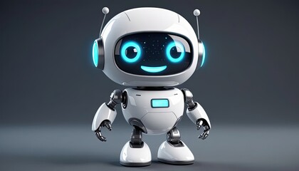 This friendly robot features a sleek white design with glowing blue lights. It has a cheerful expression and stands confidently, ready to assist and engage with people.