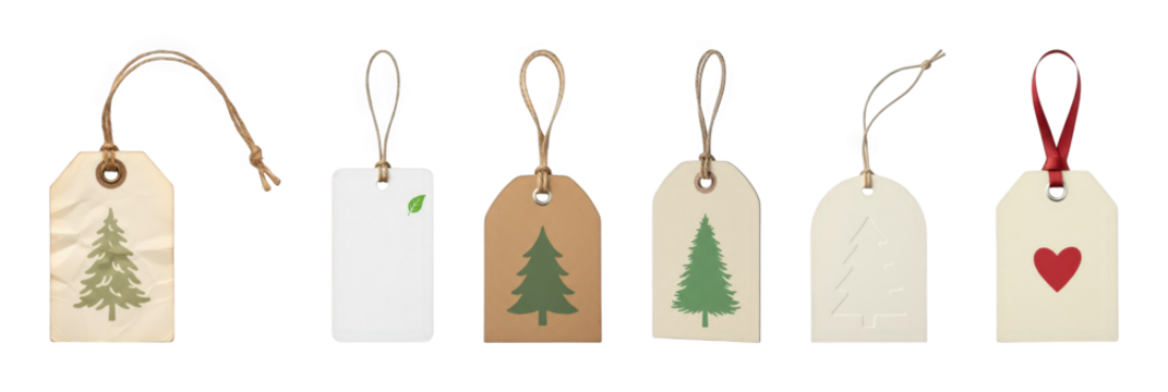 Christmas gift tag set including kraft, cream, and white paper styles with tree, leaf, and heart designs isolated. Holiday season and retail collection.