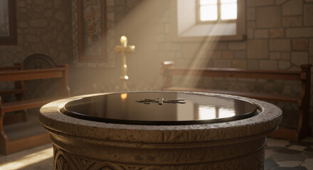 Stone baptismal font in church illuminated by god rays from window. Cross symbol on water represents faith and religion. 3D render of sacred space