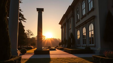 An ultra-realistic photograph of a grand estate exterior, with manicured gardens and classical columns, captured during a golden hour sunset, casting long shadows