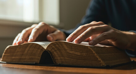 Person's hands resting on open old Holy Bible. Christian man or woman studying scriptures in morning. Concept of faith, religion, and prayer