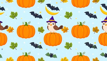 Cute Halloween Pattern with Pumpkins, Owls, and Bats.