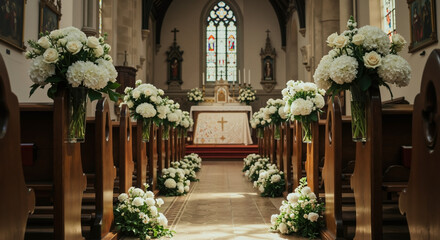 Traditional church aisle decorated with white flowers for wedding ceremony. Interior view of chapel with floral arrangements leading to altar. Holy matrimony celebration concept