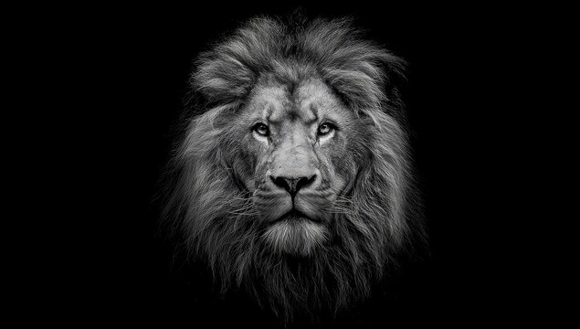 Majestic lion's face, detailed, black and white portrait, gazing straight ahead from darkness