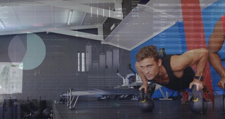 Performing push-ups man wearing black top at gym, with parallel bars on rubber mat, copy space