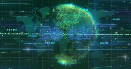 Fototapeta premium Displaying data globe rotating in grid matrix, with world map silhouette and numeric streams