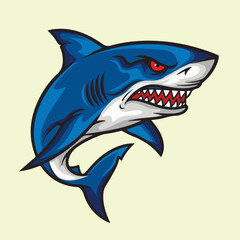 Aggressive Shark Cartoon Vector Illustration: Blue Predator with Red Eyes and Sharp Teeth Ready to Strike, Marine Animal Mascot for Sports Teams and Gaming Logos Isolated on Light Background
