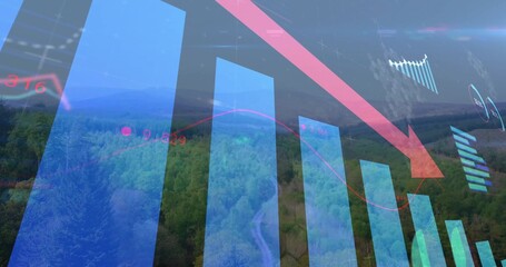 Overlaying translucent blue bar chart with red downward arrow on wooded hill, grid lines and data