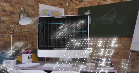 Displaying all-in-one monitor running code overlaying binary digits in brick office, keyboard mouse