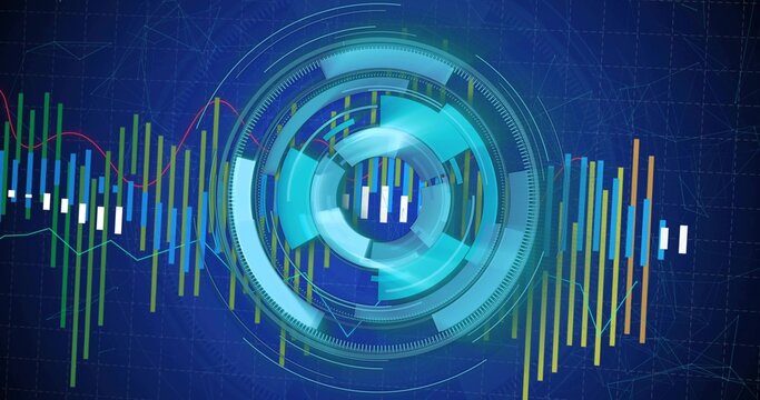 Circular holographic display rotating in data grid with ring segments, bar charts and line graphs