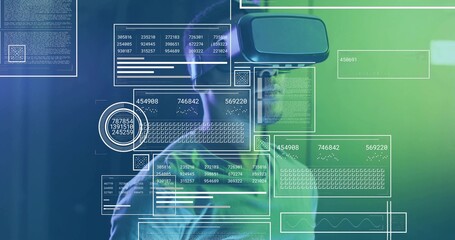 Exploring man wearing casual t-shirt using VR headset in virtual lab, with floating panels