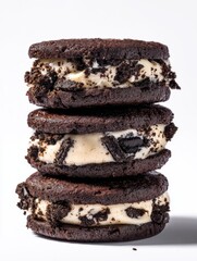 A stack of three delicious chocolate cookies filled with creamy white filling and crushed chocolate pieces, perfect for dessert lovers.