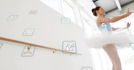 Practicing ballet dancer in blue leotard and tutu in studio, barre and floating icons, copy space