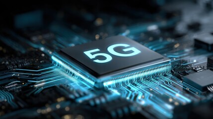 A close-up view of a 5G chip on a circuit board, showcasing intricate details and blue lighting, emphasizing advanced technology.