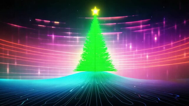 digital technical glowing christmas tree illustrated animation