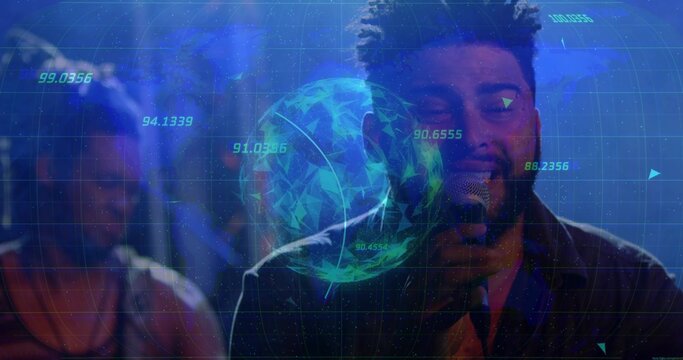 Singing vocalist holding mic on concert stage under blue lights with digital globe and numeric data