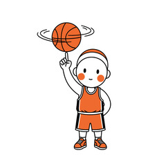 Cute cartoon boy in an orange uniform spinning a basketball on his finger.