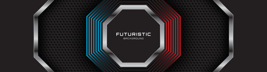 Futuristic abstract octagon background with glowing red and blue neon light on dark metallic texture, modern technology design for banner, presentation, web header, or corporate backdrop