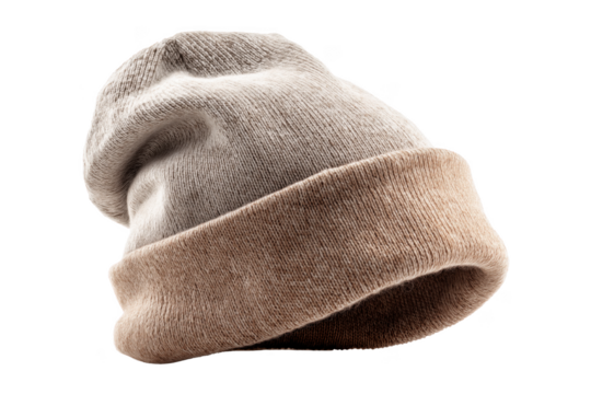 Knitted Beanie Hat with Folded Brim in Light Brown and Tan isolated on a transparent background wool