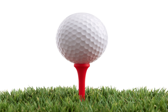White golf ball resting on a red tee in green grass on a clear day ready for a swing Generative AI