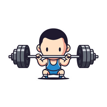 Adorable cartoon character weightlifting with a heavy barbell.