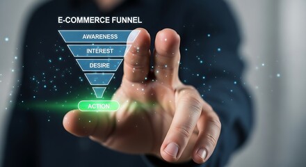 Finger pointing at action button on ecommerce funnel representing awareness, interest, and desire in a business strategy, suggesting conversion and sales.