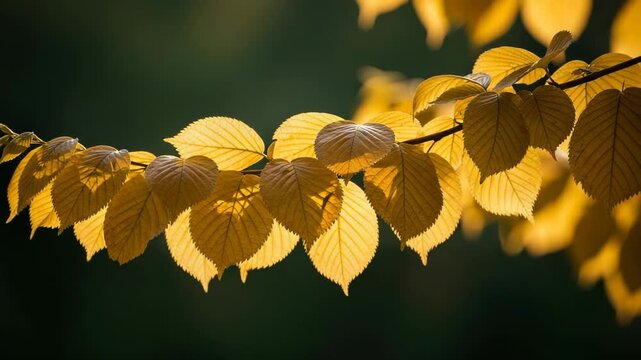 Yellow autumn leaves on a branch against dark background