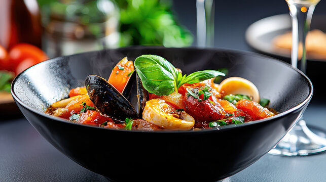 Delicious seafood pasta dish featuring mussels, clams, and fresh herbs in rich tomato sauce, served in stylish black bowl