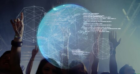 Hovering holographic globe projecting network lines over crowd at dark hall with stage lights, fog