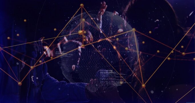 Wireframe holographic globe spinning under hand in lab, with network lines and floating text - Powered by Adobe
