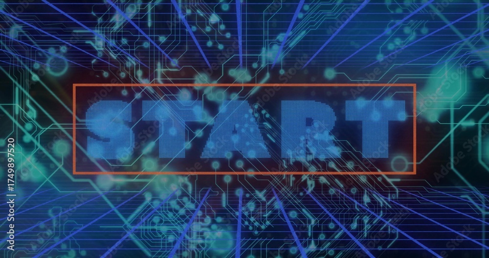 Wall mural displaying pixelated blue start letters floating in red frame on navy grid, with neon circuit lines
